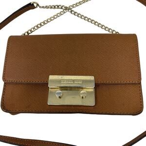 Michael Kors Crossbody Flap Top Bag Chain Wax Canvas Tan Gold